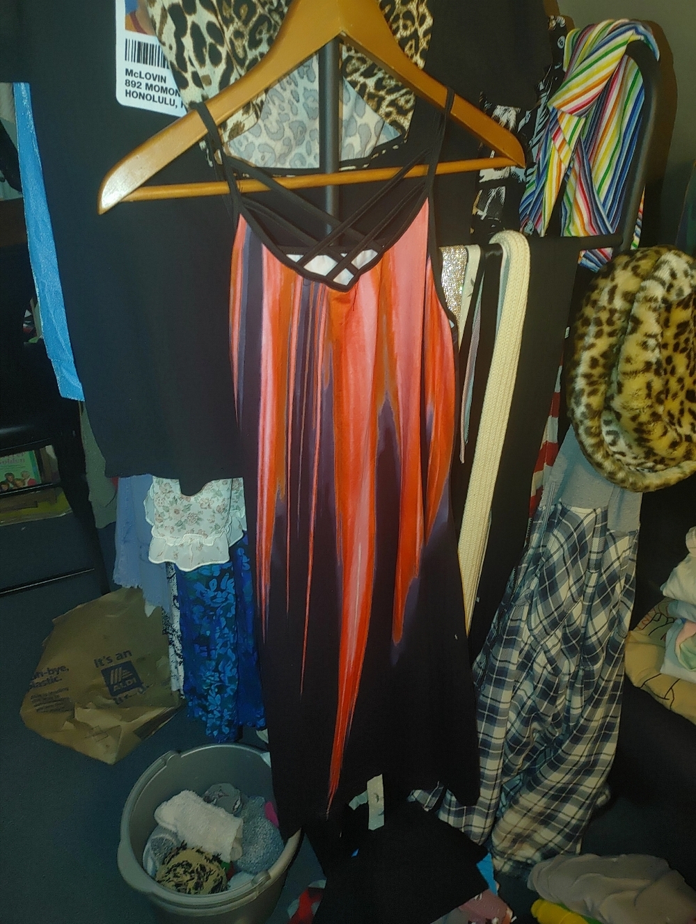 Sleeveless Black Midi Dress with Red Brushstroke Print
